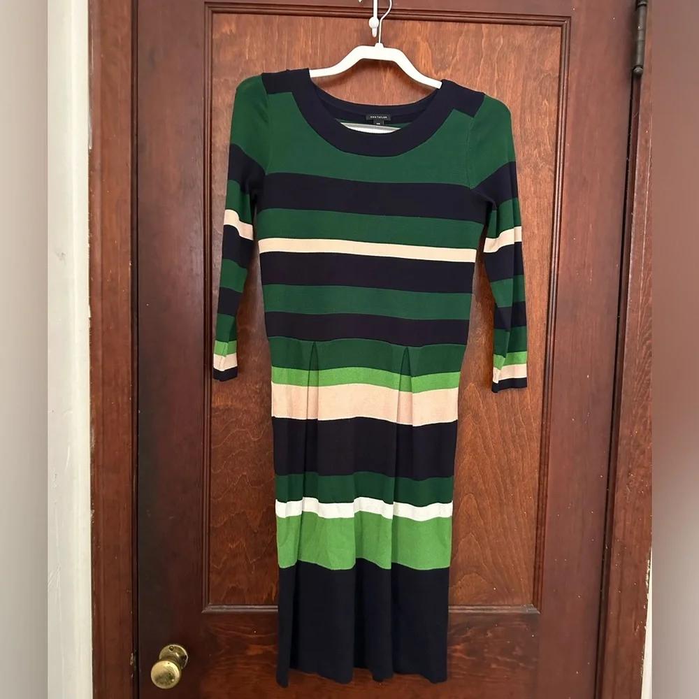 Ann Taylor Stripe Flare Knit Sweater Dress in Green Eden XXS